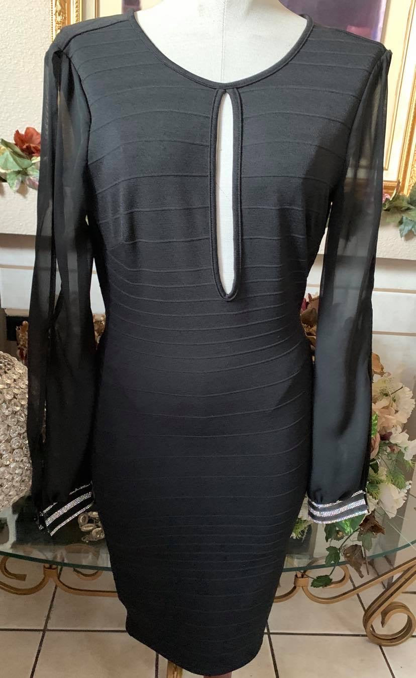Rhinestoned Sleeve Black Dress