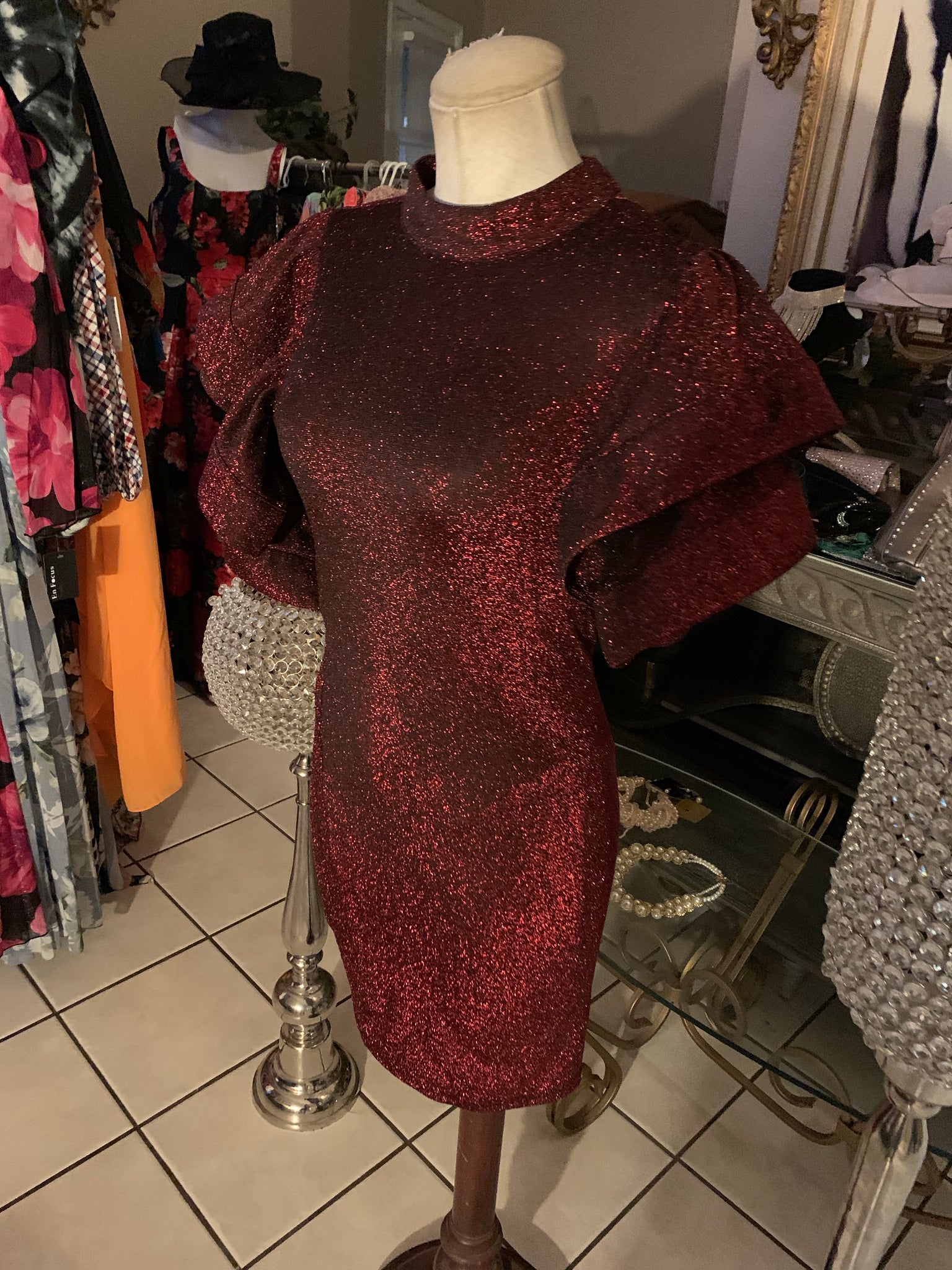 Burgundy Glitter Dress with Bell Sleeves