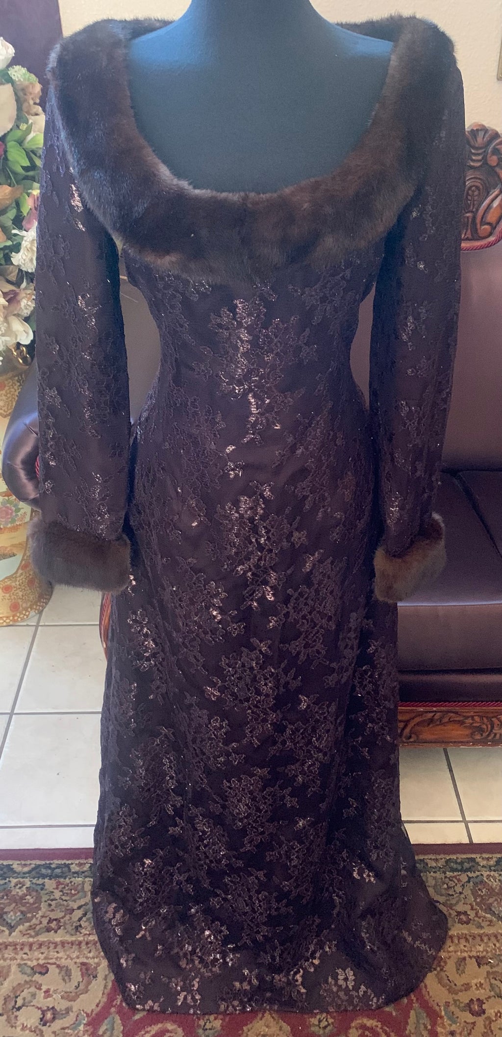 Beautiful Brown lace Dress with Fur around the neck