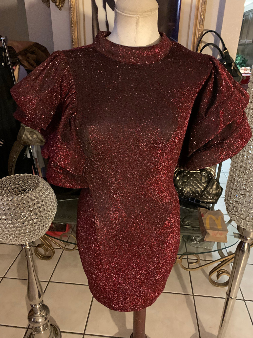 Burgundy Glitter Dress with Bell Sleeves