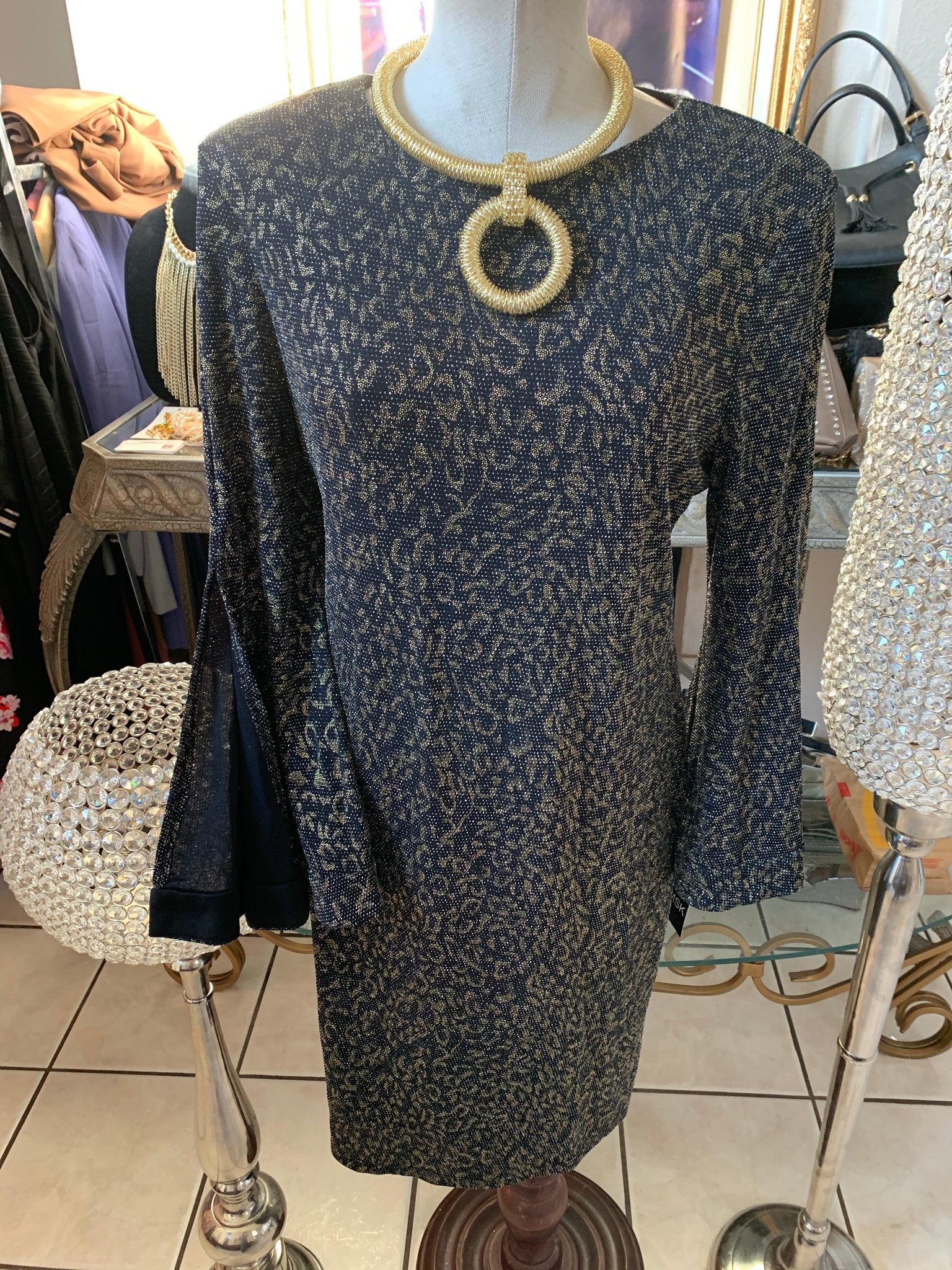 Grey and Gold Floral Print Bell Sleeve Dress