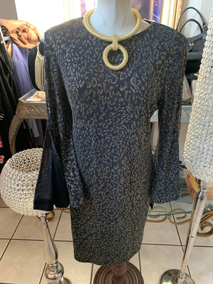 Grey and Gold Floral Print Bell Sleeve Dress