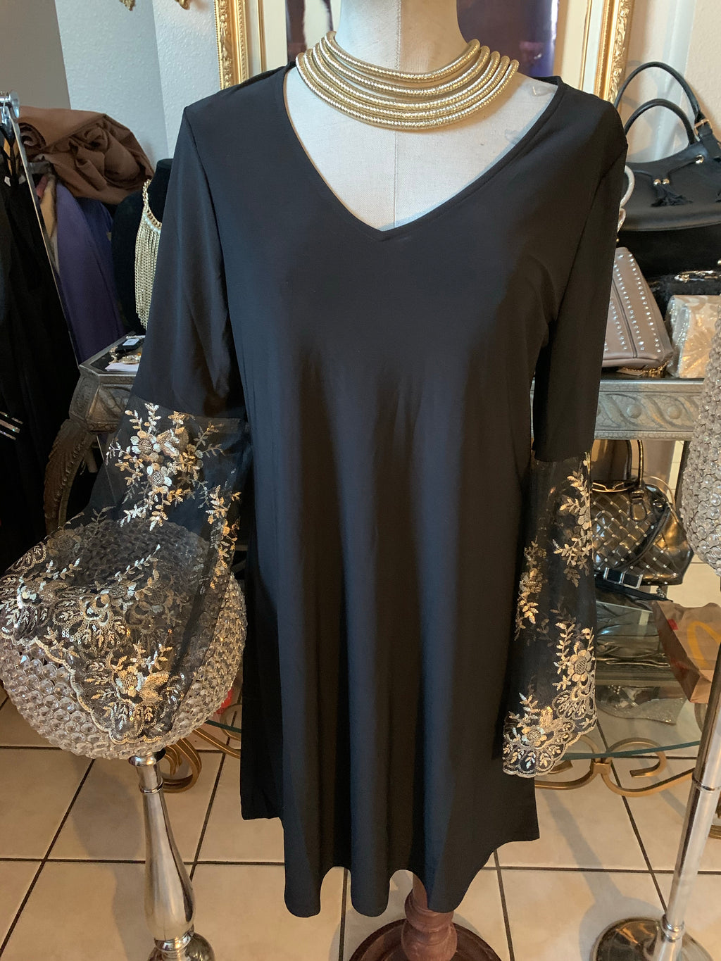 Black Metallic Gold Detail Angel Sleeve