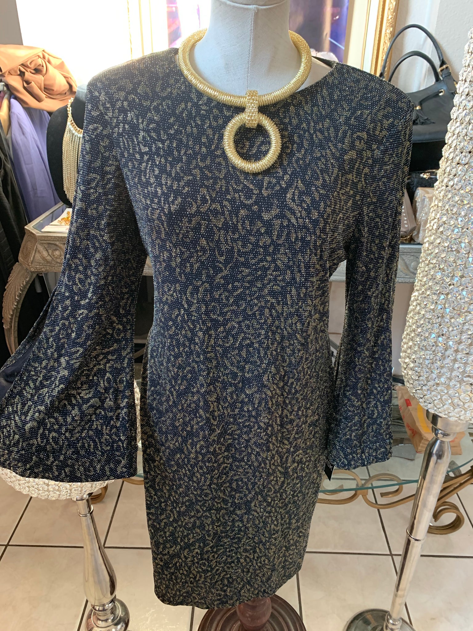 Grey and Gold Floral Print Bell Sleeve Dress