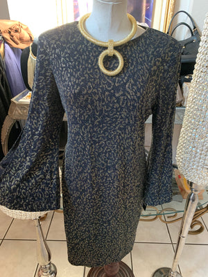 Grey and Gold Floral Print Bell Sleeve Dress