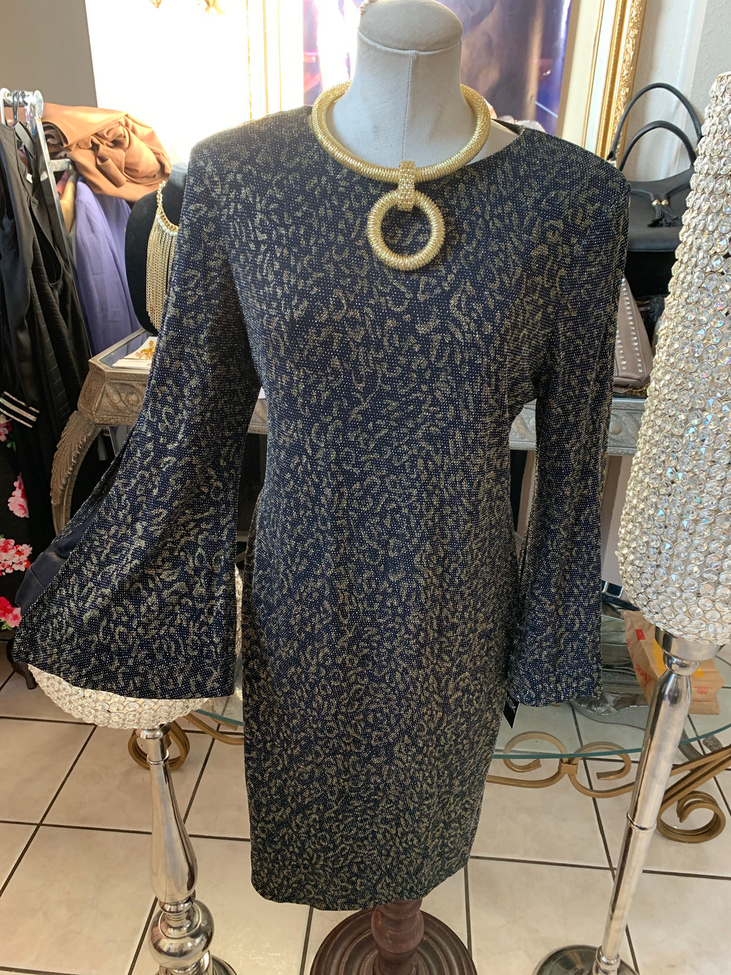 Grey and Gold Floral Print Bell Sleeve Dress