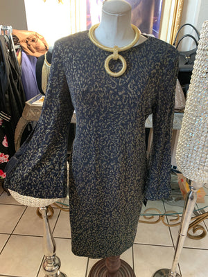 Grey and Gold Floral Print Bell Sleeve Dress