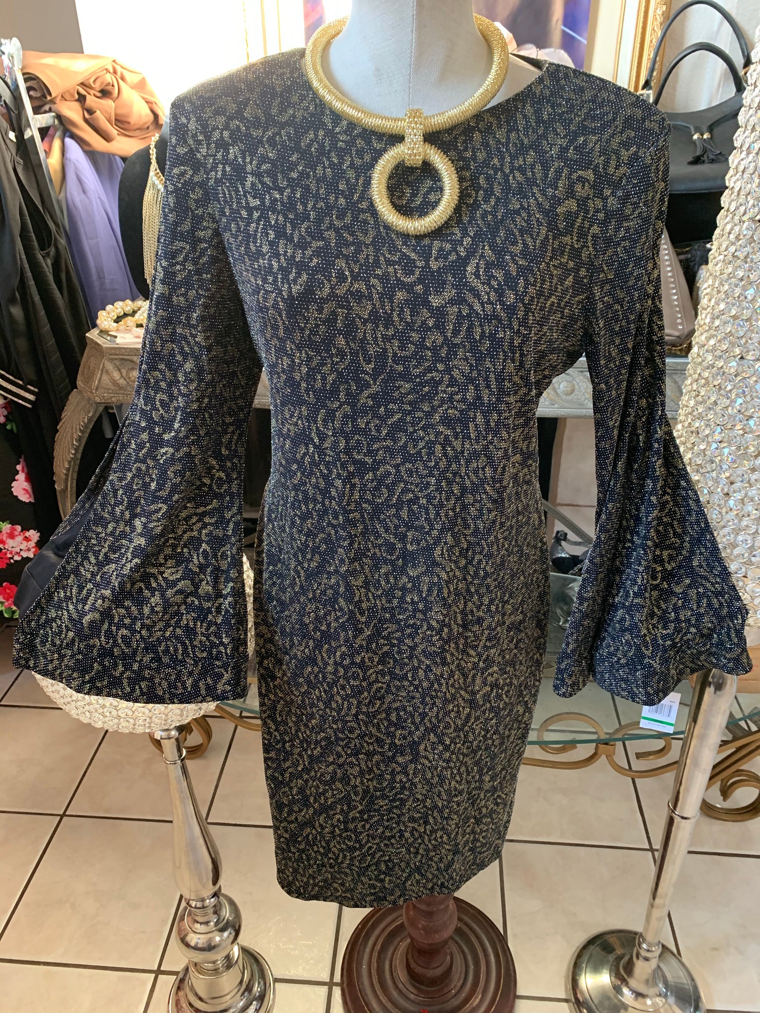 Grey and Gold Floral Print Bell Sleeve Dress
