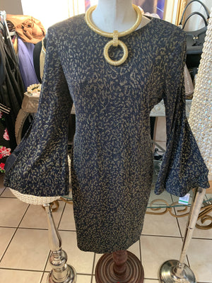 Grey and Gold Floral Print Bell Sleeve Dress