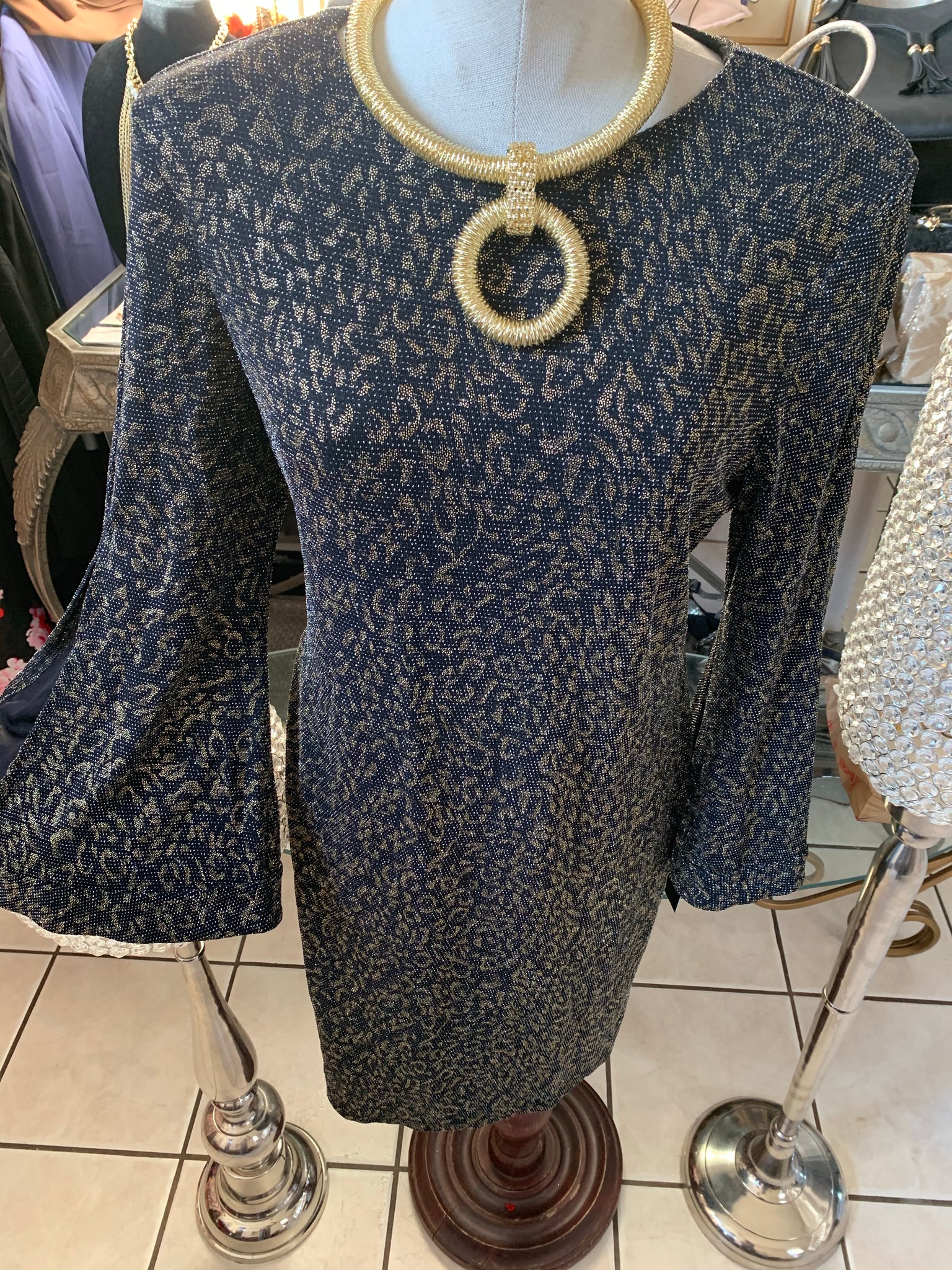 Grey and Gold Floral Print Bell Sleeve Dress