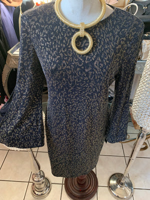Grey and Gold Floral Print Bell Sleeve Dress